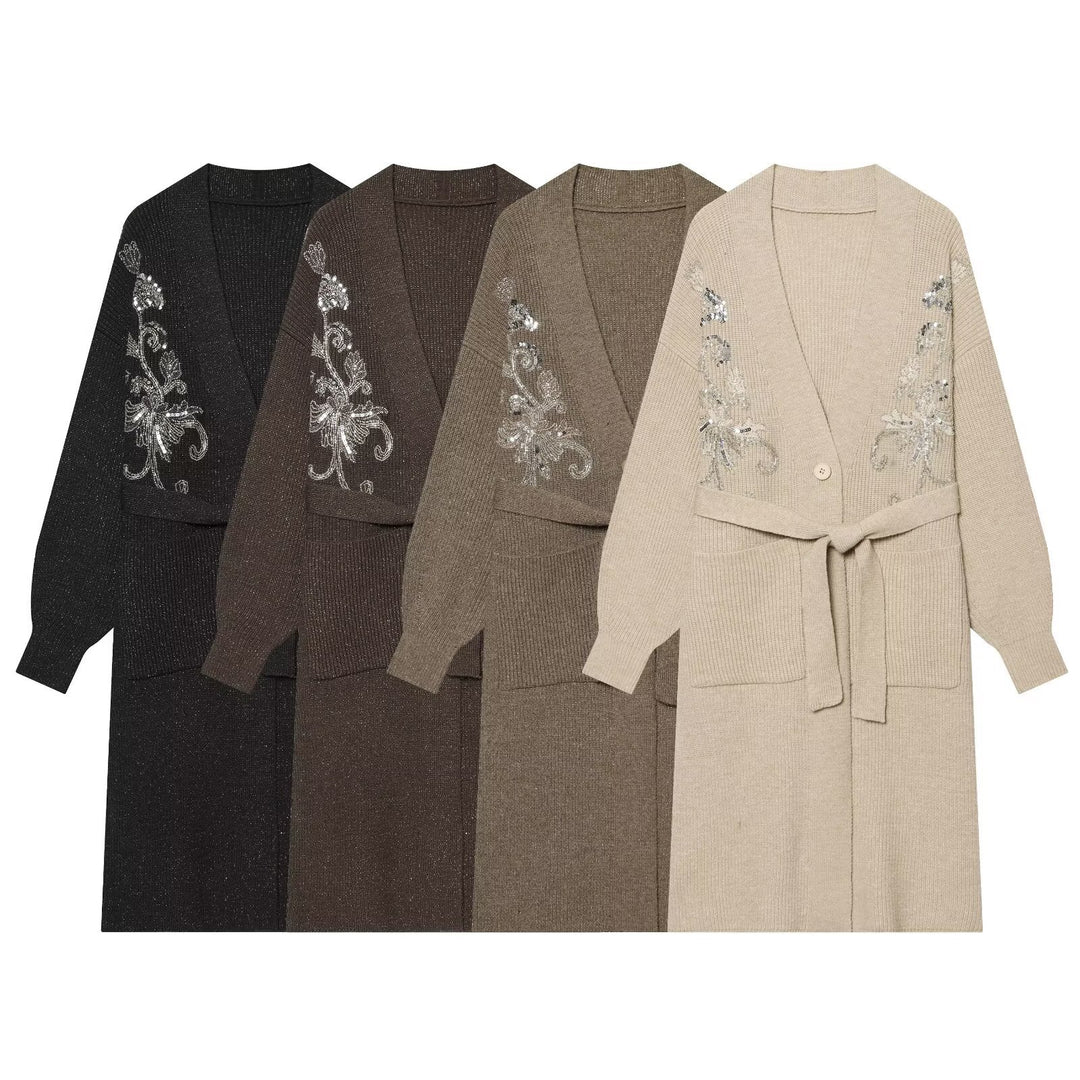 Women’s Long Knitted Cardigan with Waist Belt and Sequin Embroidery Mune Fashion