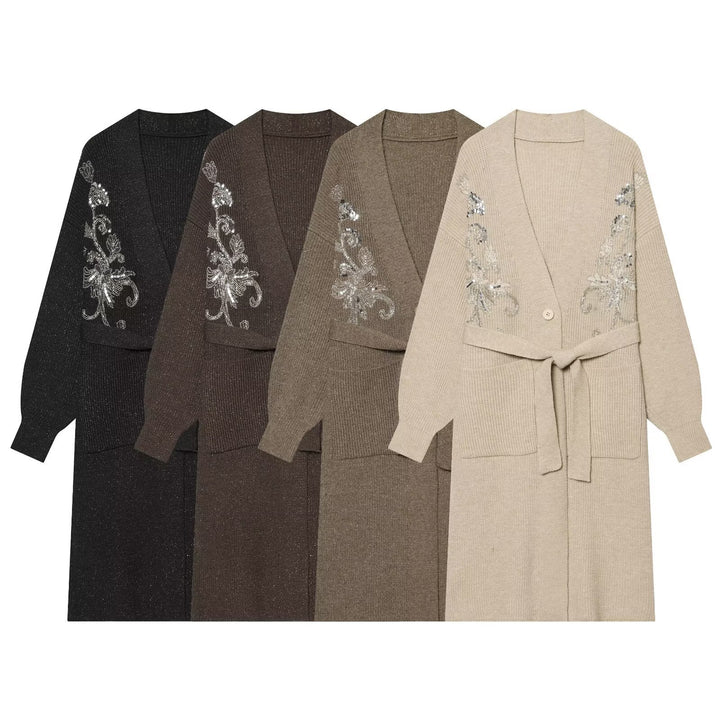 Women’s Long Knitted Cardigan with Waist Belt and Sequin Embroidery Mune Fashion