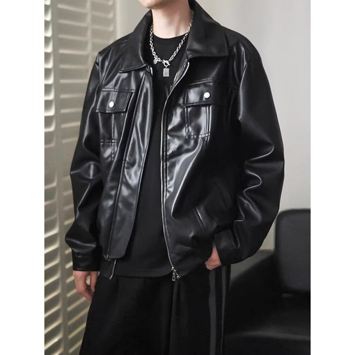 Men's Short Cropped Oversized Faux Leather Utility Jacket with Chest Flaps and Full-Length Zipper Mune Fashion