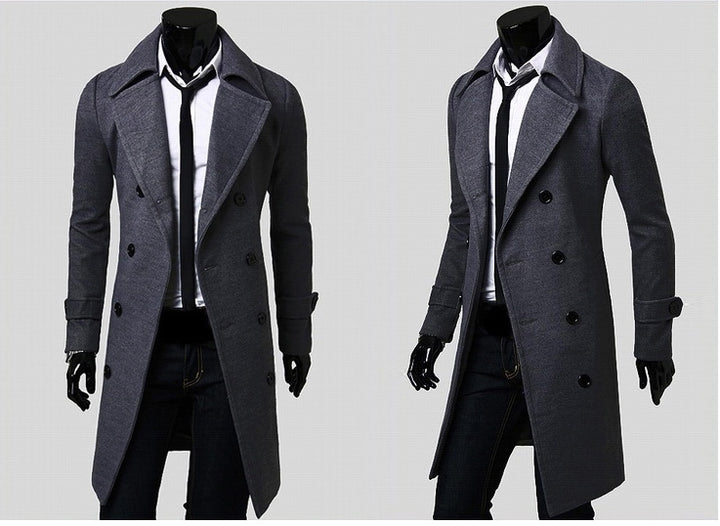 Men's tailored double-breasted trench coat made of wool blend with classic lapels and back vent Mune Fashion