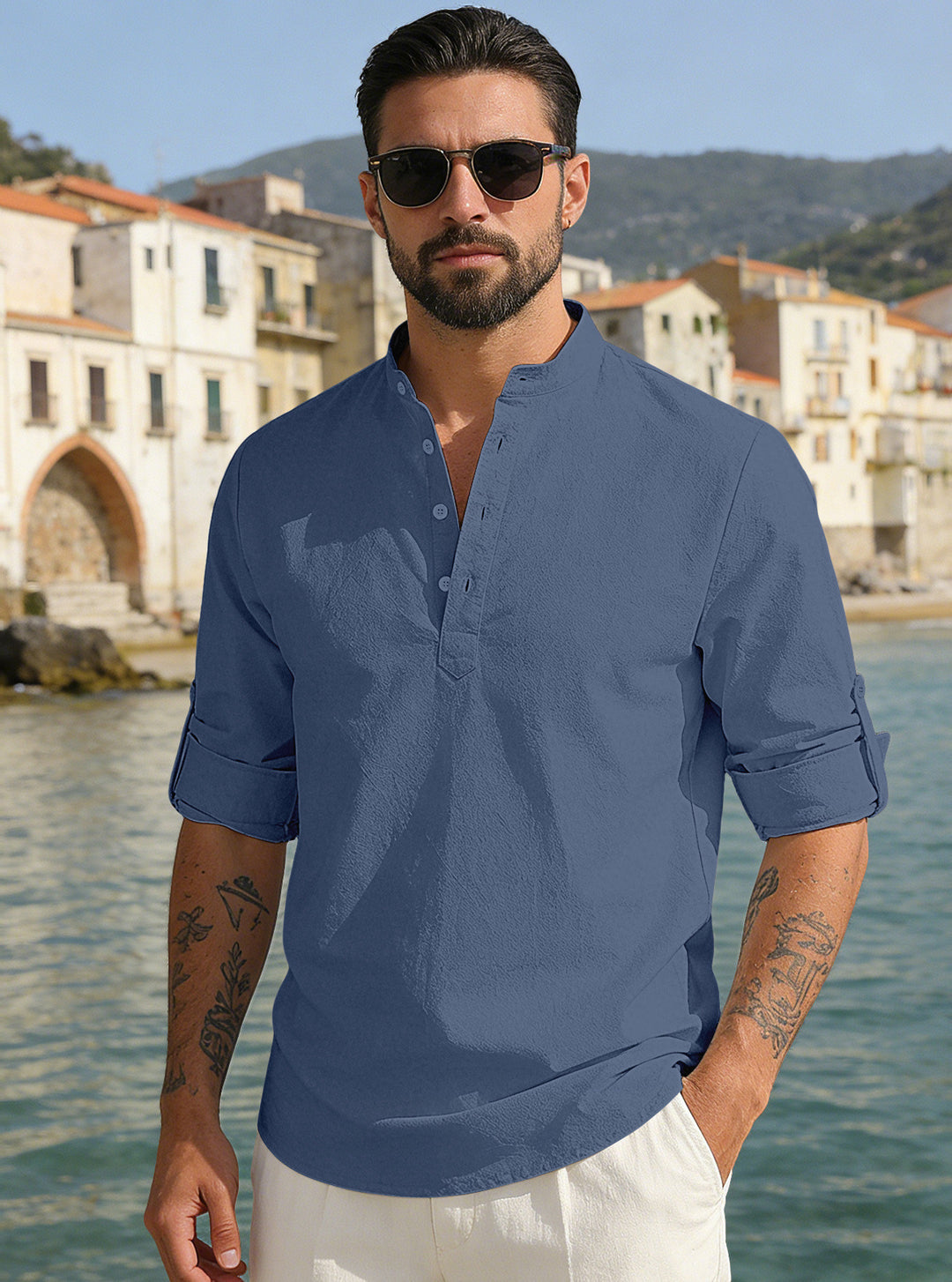 Men's lightweight half-button shirt made of linen blend with stand-up collar and roll-up sleeves Mune Fashion