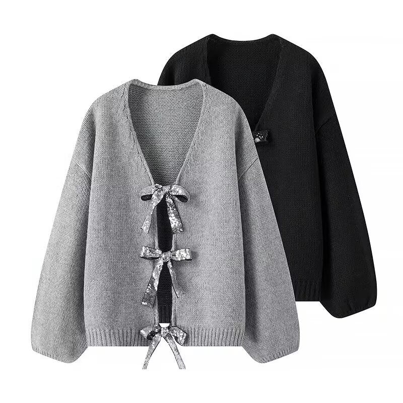 Women Oversized Knitted Cardigan with V-Neck and Sequin Bows Mune Fashion