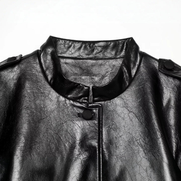Women's Tailored Faux Leather Blouson with Tie Belt and Flap Pockets Drune