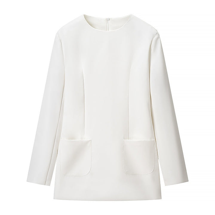 Women's short-cut shift dress with long sleeves and patch pockets Mune Fashion