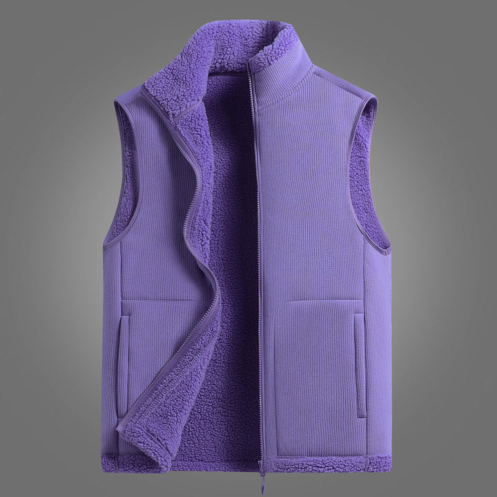 Women's Lightweight Sherpa Layered Vest with Ribbed Exterior Material, High Stand Collar and Front Pockets Mune Fashion