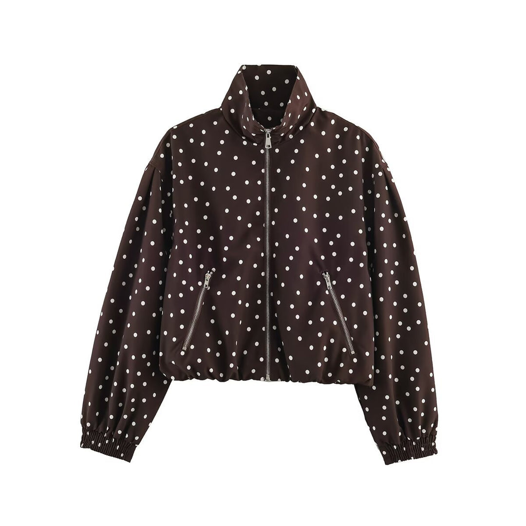 Women's Cropped Bomber Jacket with Stand Collar and Dot Pattern Mune Fashion