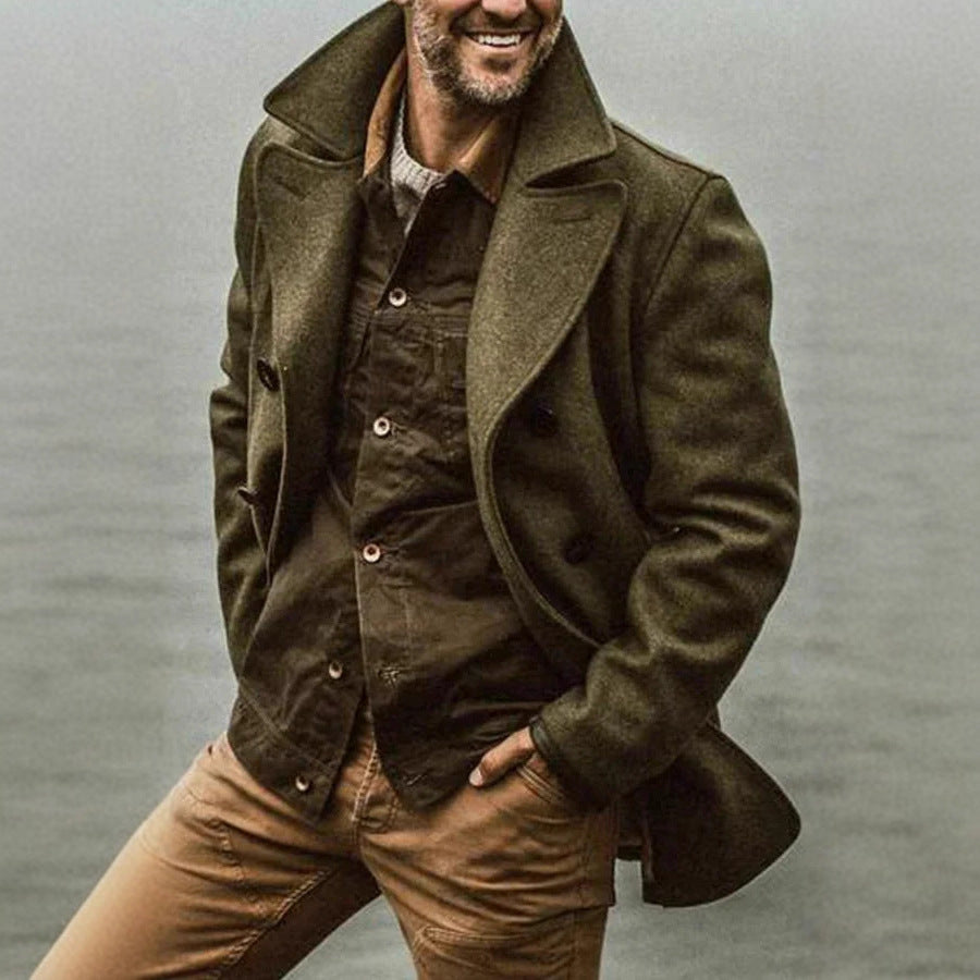 Men's Double-breasted Wool Coat in Peacoat Style with Wide Lapels Mune Fashion