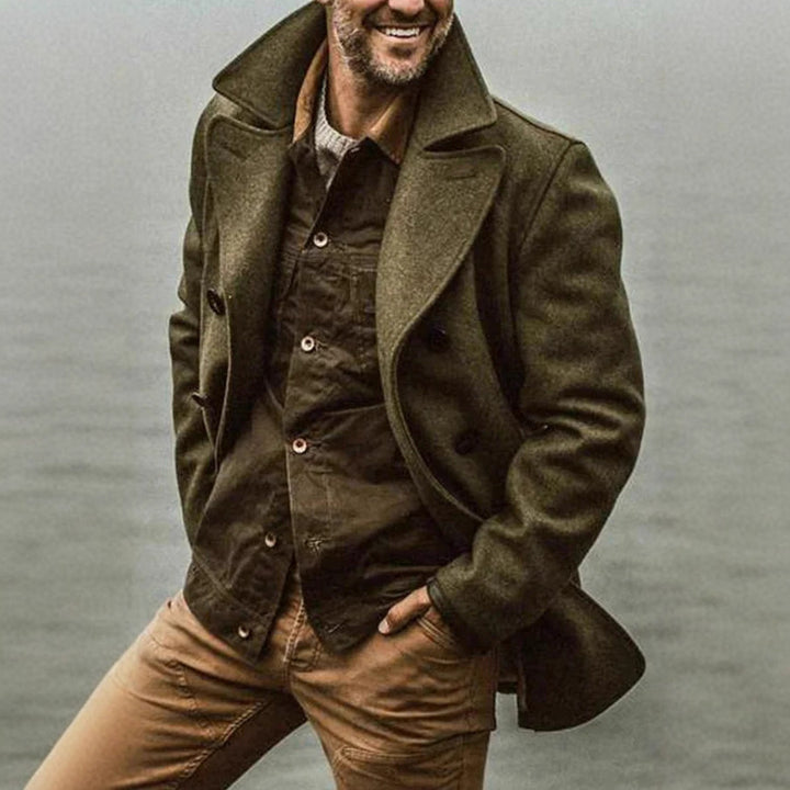 Men's Double-breasted Wool Coat in Peacoat Style with Wide Lapels Mune Fashion