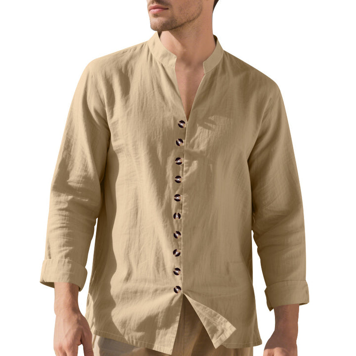 Men's casual linen shirt with Mandarin collar, continuous decorative button placket and roll-up sleeves Mune Fashion