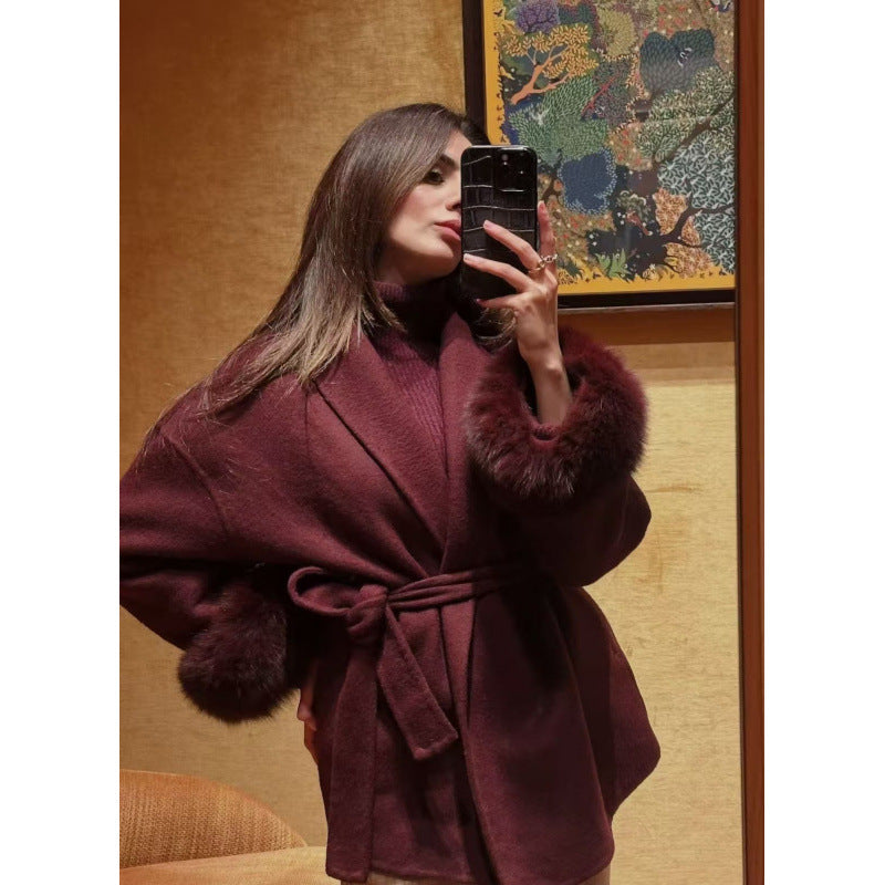 Women's Short Wool Blend Coat with Shawl Collar, Tie Belt, and Fluffy Cuffs Mune Fashion