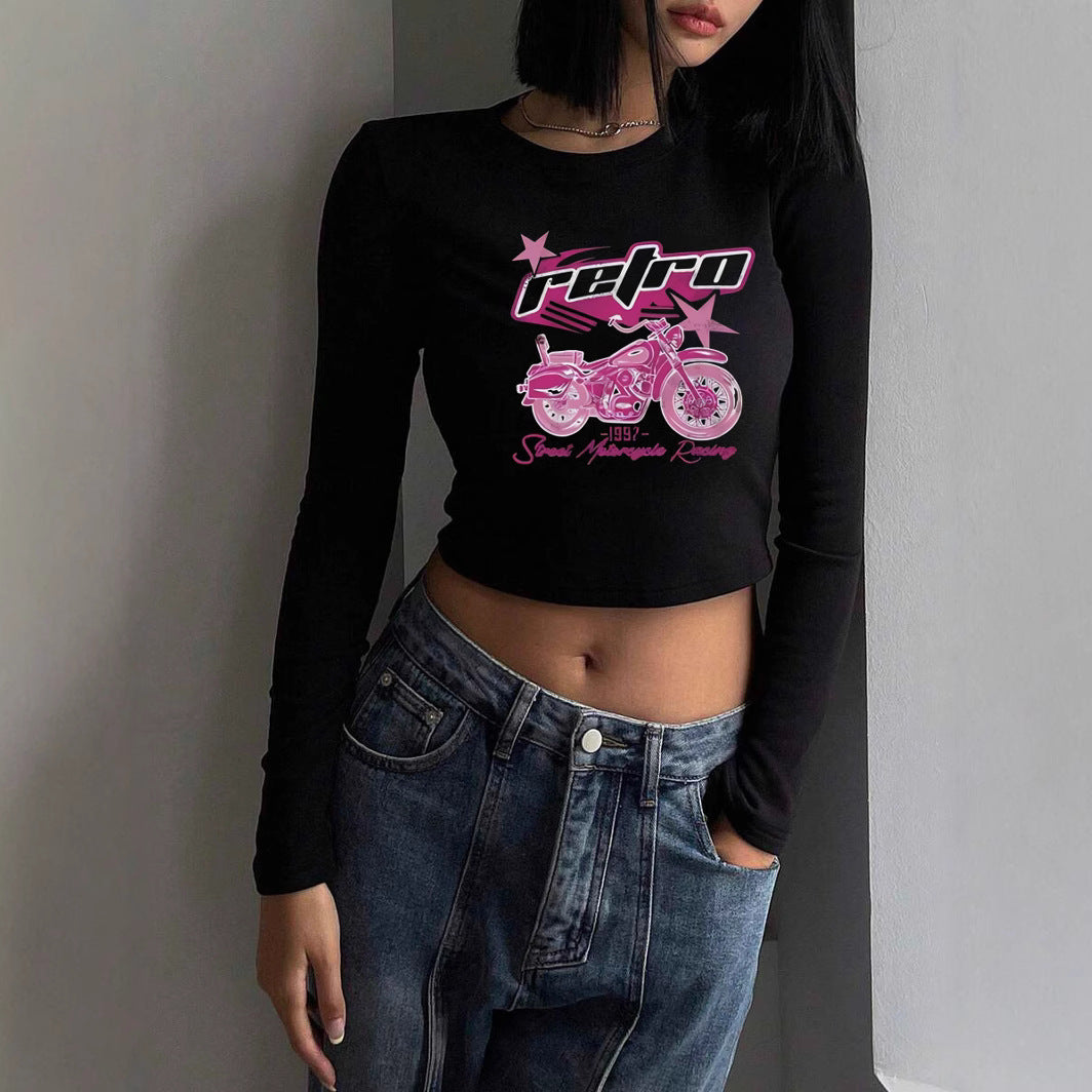 Women's figure-hugging long-sleeved cropped shirt with photorealistic lip collage and slim fit Mune Fashion