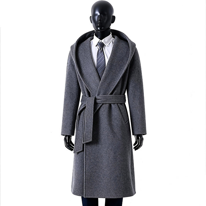 Women's Maxi Length Hooded Coat made of Wool Blend with Tying Belt and Soft Lining Mune Fashion