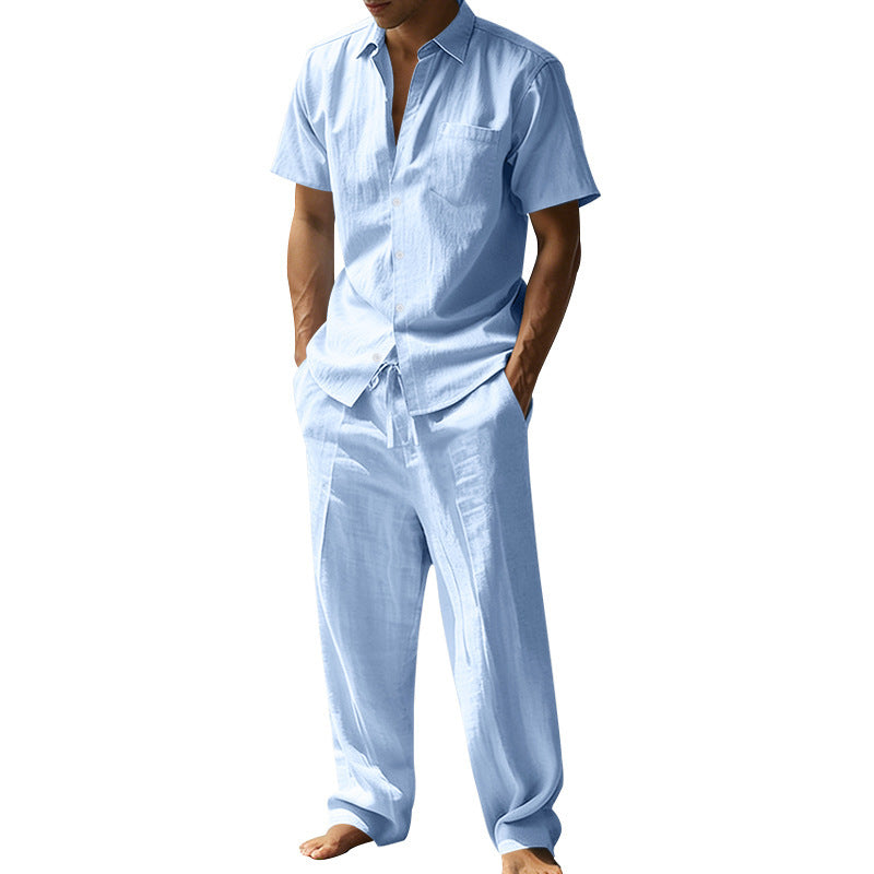 Men's resort-appropriate short-sleeve shirt with chest pocket and casual linen drawstring pants Mune Fashion