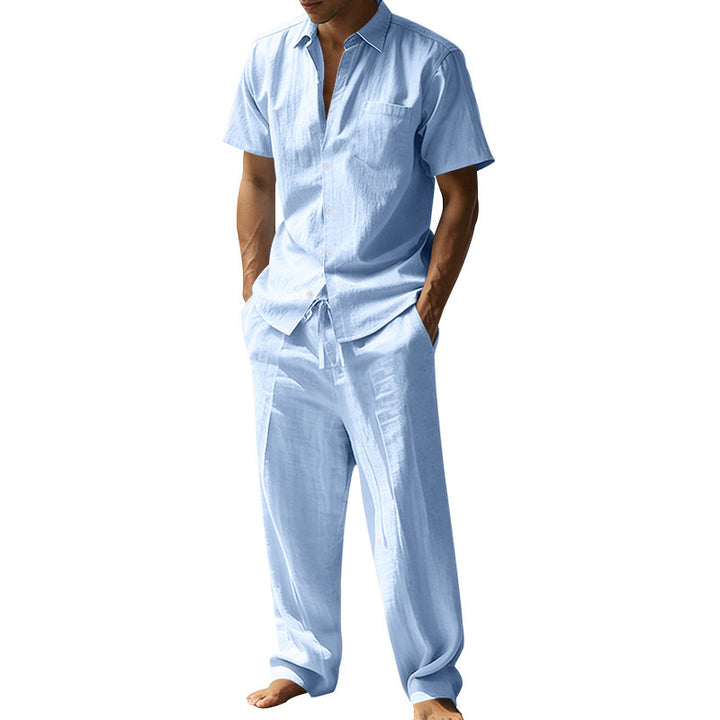 Men's resort-appropriate short-sleeve shirt with chest pocket and casual linen drawstring pants Mune Fashion