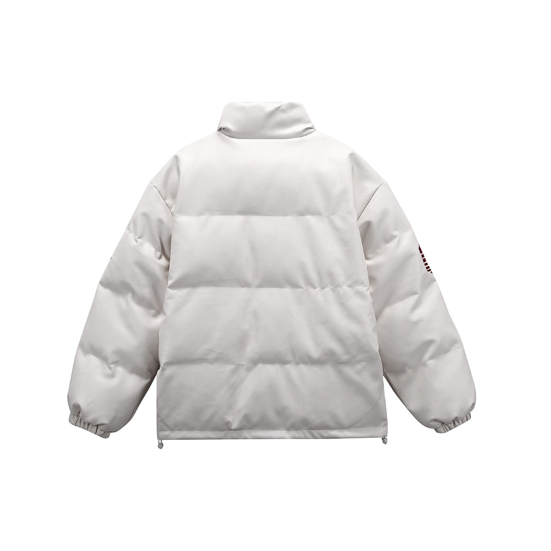 Unisex Short padded college puffer jacket with high stand-up collar, appliqués and drawstring hem Mune Fashion