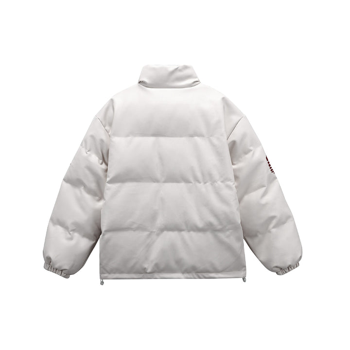 Unisex Short padded college puffer jacket with high stand-up collar, appliqués and drawstring hem Mune Fashion