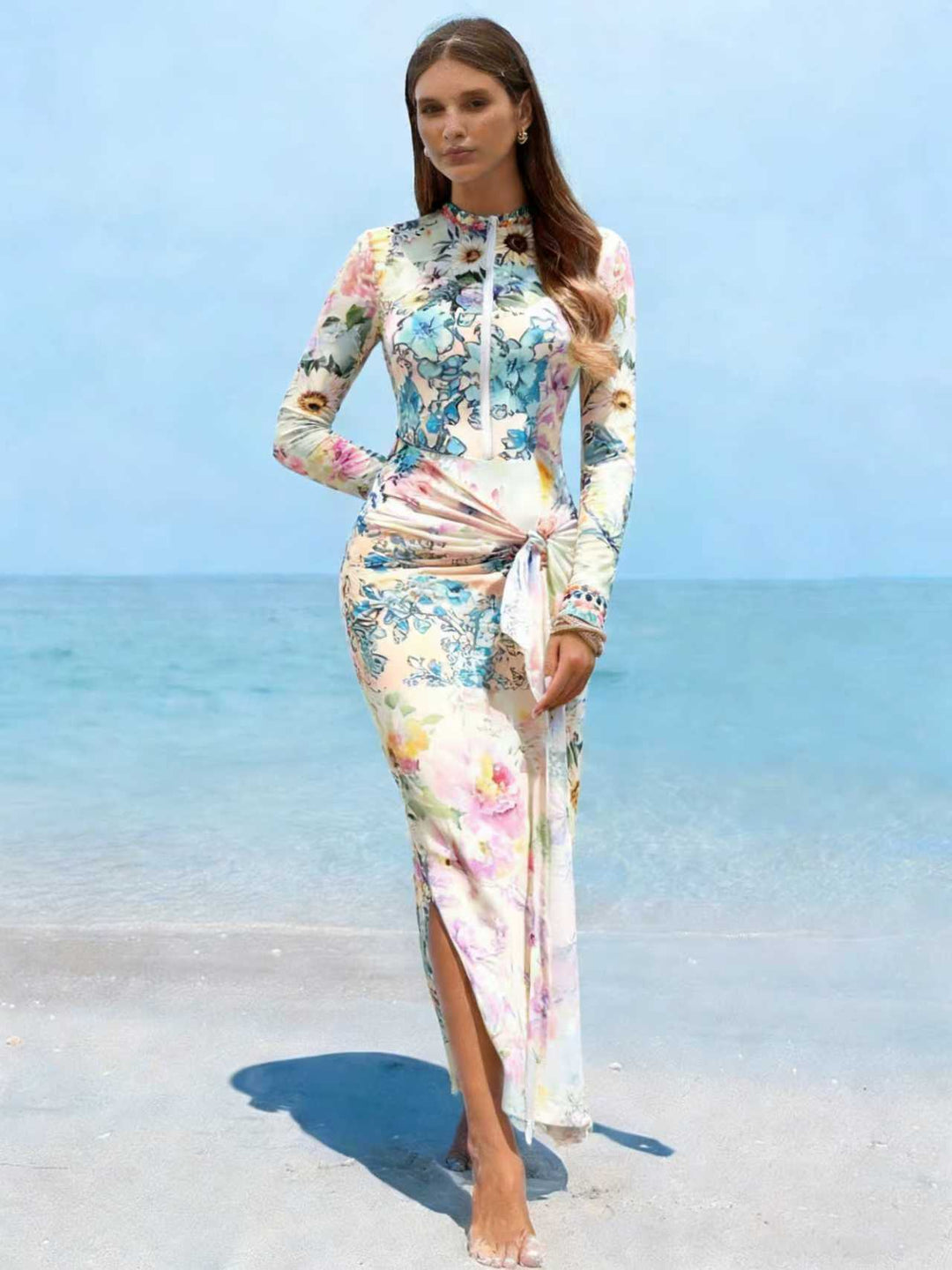 Women's Elegant Long Sleeve Beach Dress with Floral Design Mune Fashion