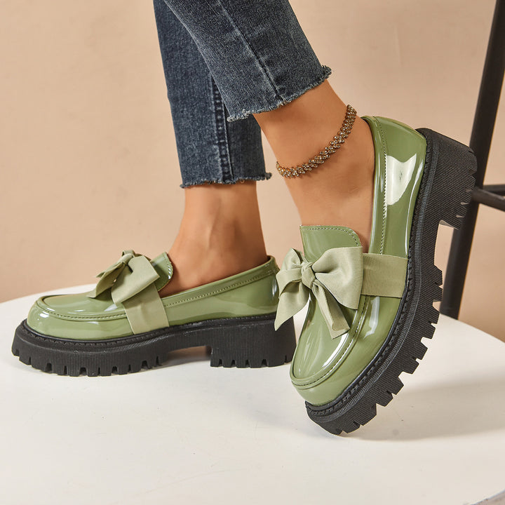 Women's Shiny Platform Loafers with Oversized Decorative Bow and Chunky Profile Sole Mune Fashion