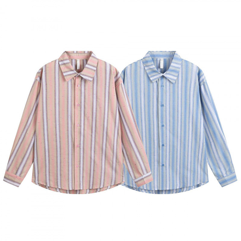 Men's Loose-Fitting Cotton Shirt with Vertical Stripes and Rounded Hem Mune Fashion