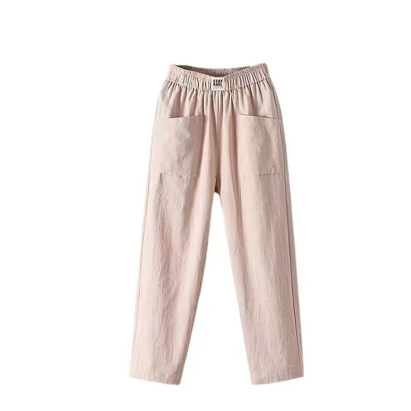Ladies casual linen blend trousers with elastic waistband, straight leg, and large patch pockets Mune Fashion