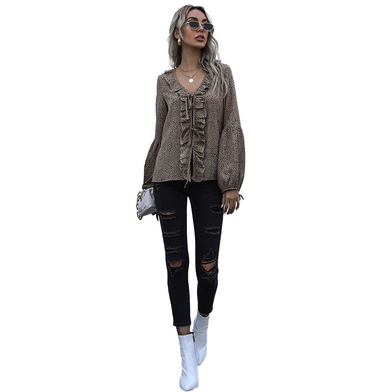 Women V-neck Ruffle Blouse with Ties Mune Fashion, Ruffle Front and Balloon Sleeves Mune Fashion