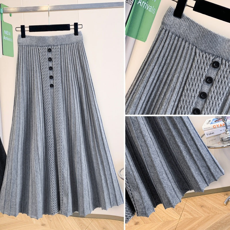 Women's Pleated Maxi Skirt with Button Details and Fine Wave Pattern Mune Fashion