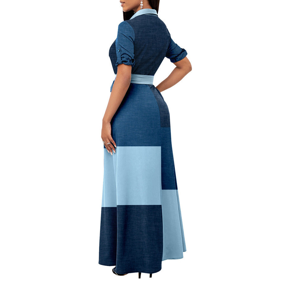 Ladies Maxi Dress Shirt Blouse Style with Waist Belt and Block Patch Design Mune Fashion