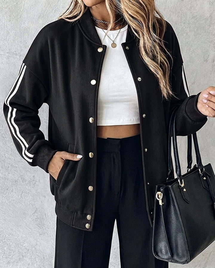 Women Oversized College Jacket with Snap Button Placket and Contrasting Stripe Sleeves Drune