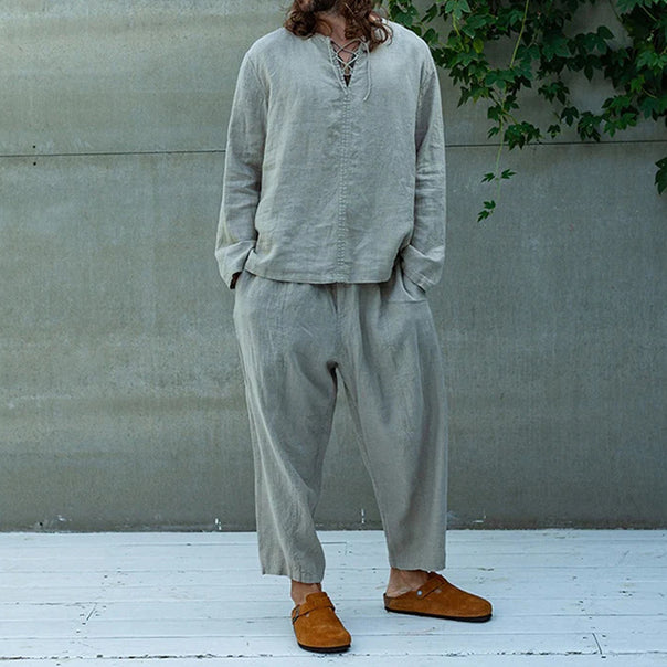 Men's Loose Linen-Look Leisure Set with Lace Collar and Wide Harem Pants Mune Fashion