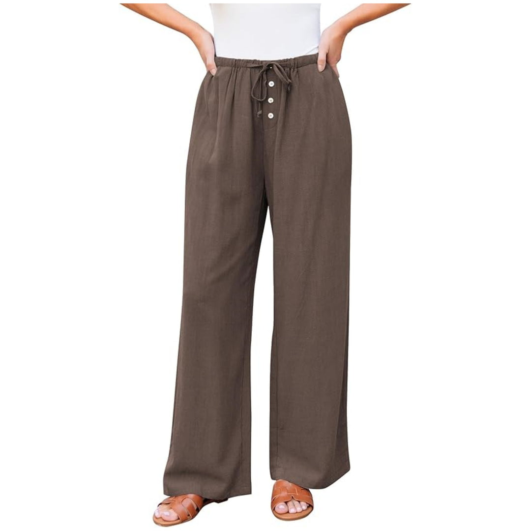 Women's wide linen pants with elastic waistband, drawstring, and button placket Mune Fashion