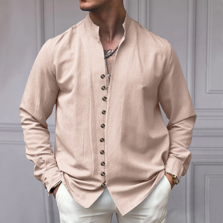Men's elegant long-sleeve linen shirt with stand-up collar, asymmetrical button placket, and slim fit Mune Fashion