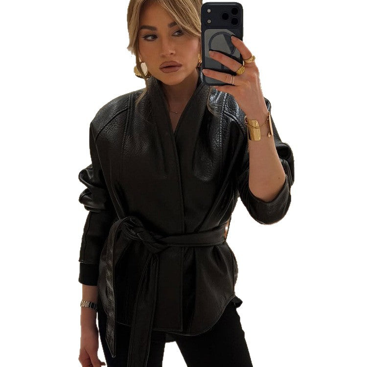 Women's Tailored Leather Jacket with Wrap Belt and Kimono Collar Mune Fashion