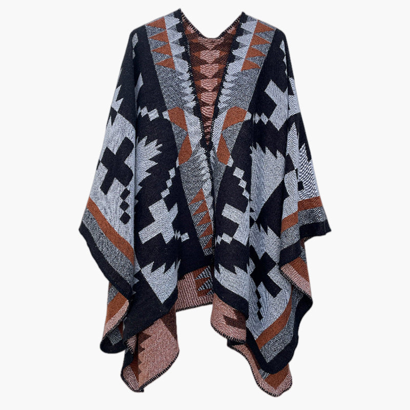 Women's Oversized Knit Cape with Aztec Jacquard, V-Neck and Soft Draping Hem Mune Fashion