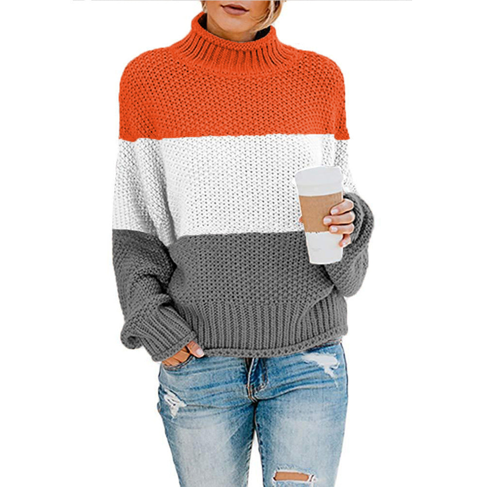 Women's chunky knit turtleneck sweater with oversized cut and block stripe design Mune Fashion