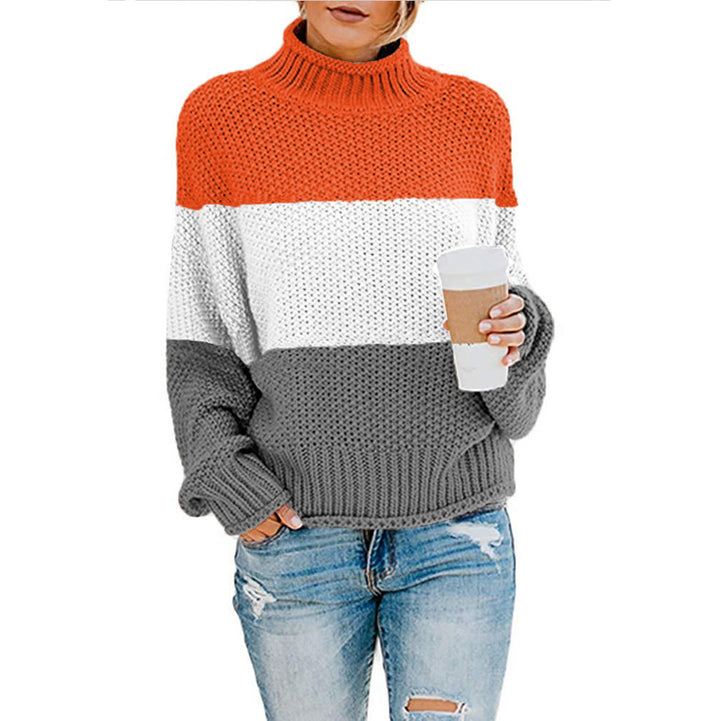 Women's chunky knit turtleneck sweater with oversized cut and block stripe design Mune Fashion