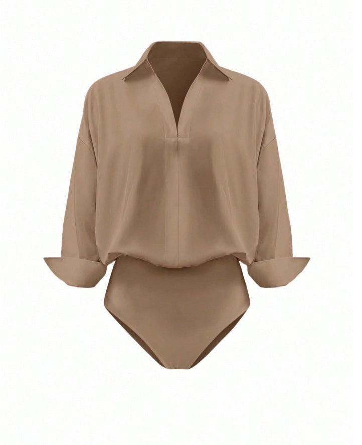 Women Elegant Shirt Blouse Bodysuit with V-Neck, Oversized Cut and Cuff Flaps Mune Fashion