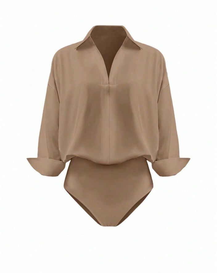 Women Elegant Shirt Blouse Bodysuit with V-Neck, Oversized Cut and Cuff Flaps Mune Fashion