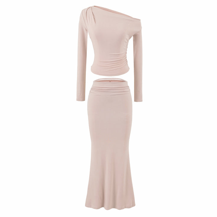 Women's One-Shoulder Two-Piece Set with Ruched Crop Top and Fitted Maxi Skirt Mune Fashion
