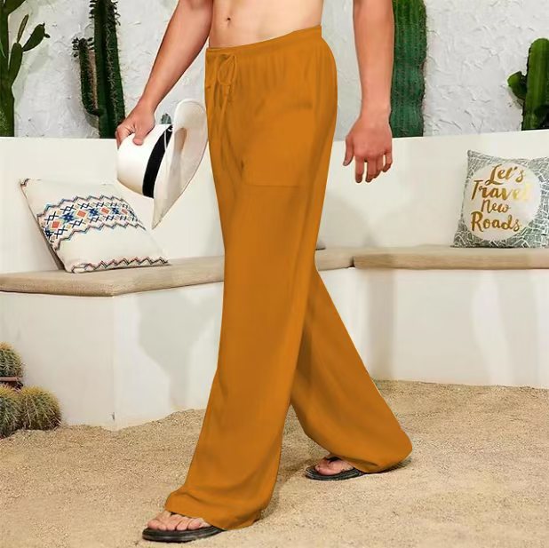 Men's wide linen pants with drawstring, applied side pockets and relaxed fit Mune Fashion