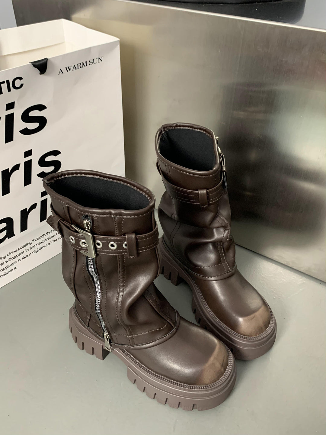 Women’s Mid-Calf Biker Boots with Zipper, Buckle Strap, and Chunky Platform Sole Mune Fashion