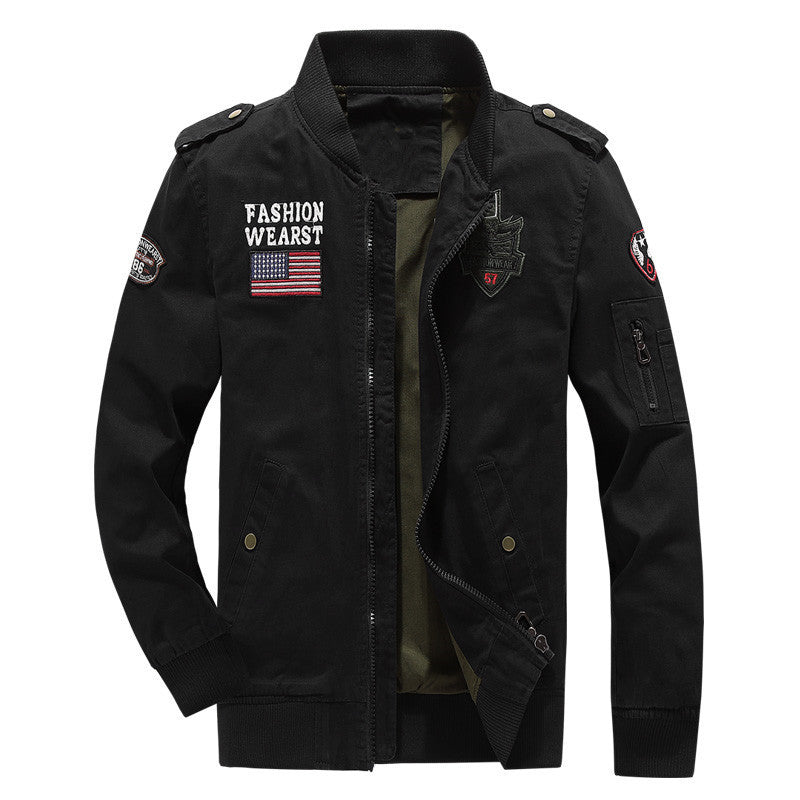 Men's Canvas-Field-Bomber Jacket with Embroidered Patches and Sleeve Utility Pocket Mune Fashion