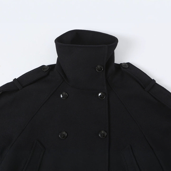 Women's Short Double-Breasted Peacoat with High Standing Collar and Shoulder Straps Mune Fashion