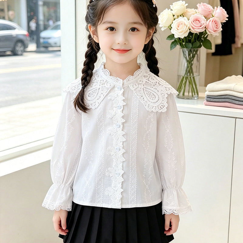 Girls elegant blouse with ruffled collar and lace accents Mune Fashion