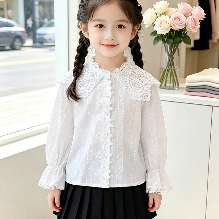 Girls elegant blouse with ruffled collar and lace accents Mune Fashion