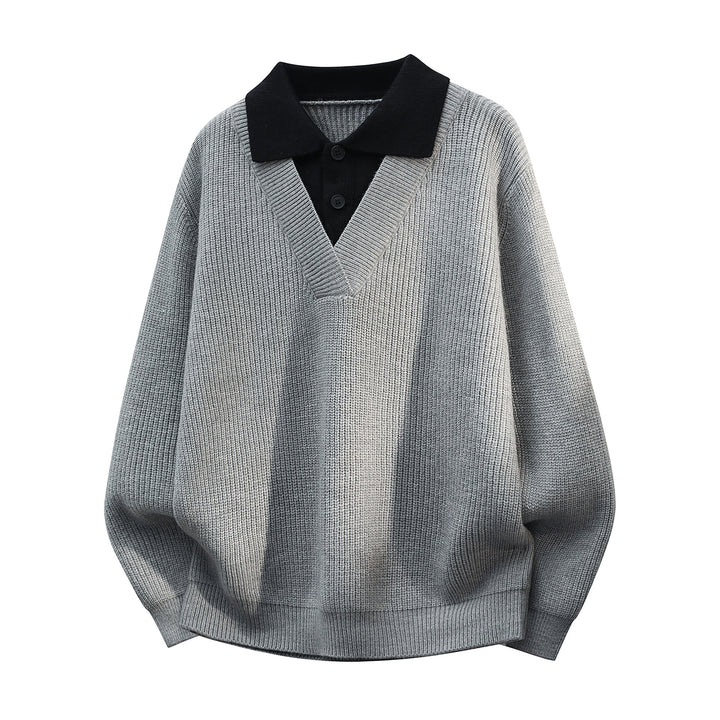 Men's chunky knit pullover with deep V-neck and contrasting polo collar Mune Fashion