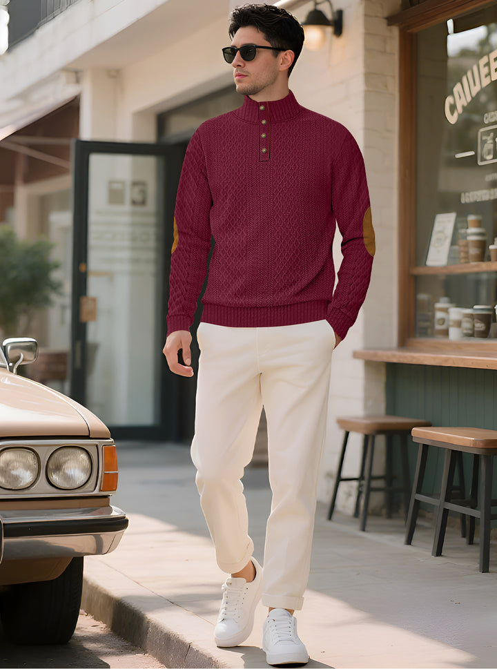 Men's noble button sweater in cable pattern with high stand-up collar and suede elbow patches Mune Fashion