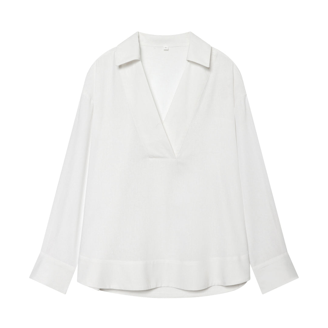 Women's loosely falling linen-look blouse with V-neck, shirt collar, and cuffed sleeves Mune Fashion