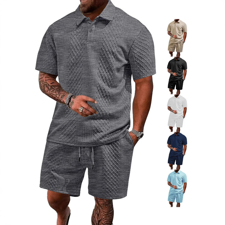 Men's embossed waffle polo with Kent collar and elastic drawstring shorts set Mune Fashion