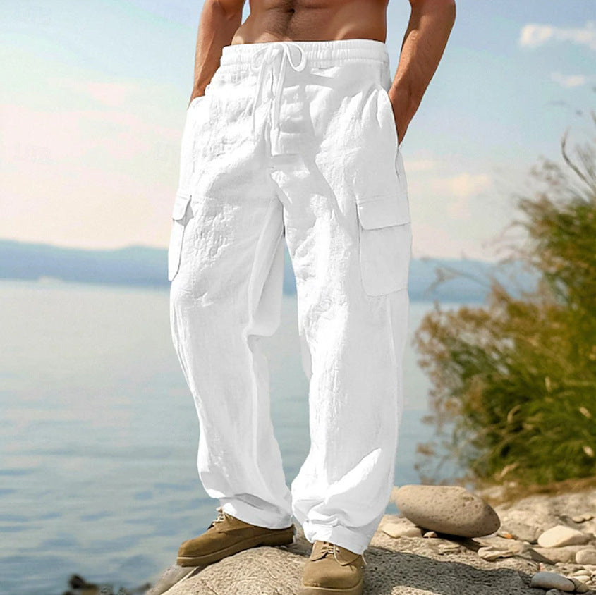 Men's wide casual cargo pants made of linen-cotton blend with elastic waistband, drawstring and large flap pockets Mune Fashion
