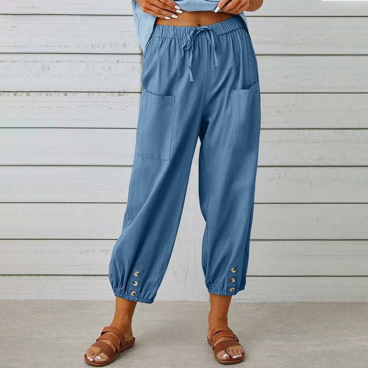 Women’s lightweight cotton-linen pants with drawstring, patch pockets and buttoned cuffs Mune Fashion